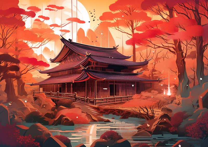 中国风国潮新中式秋季时节日出日落时分太阳和古风建筑树木枫树平静的湖泊室外无人的场景背景插画,插画/手绘图,插画/手绘图库,插画/手绘图下载,插画/手绘